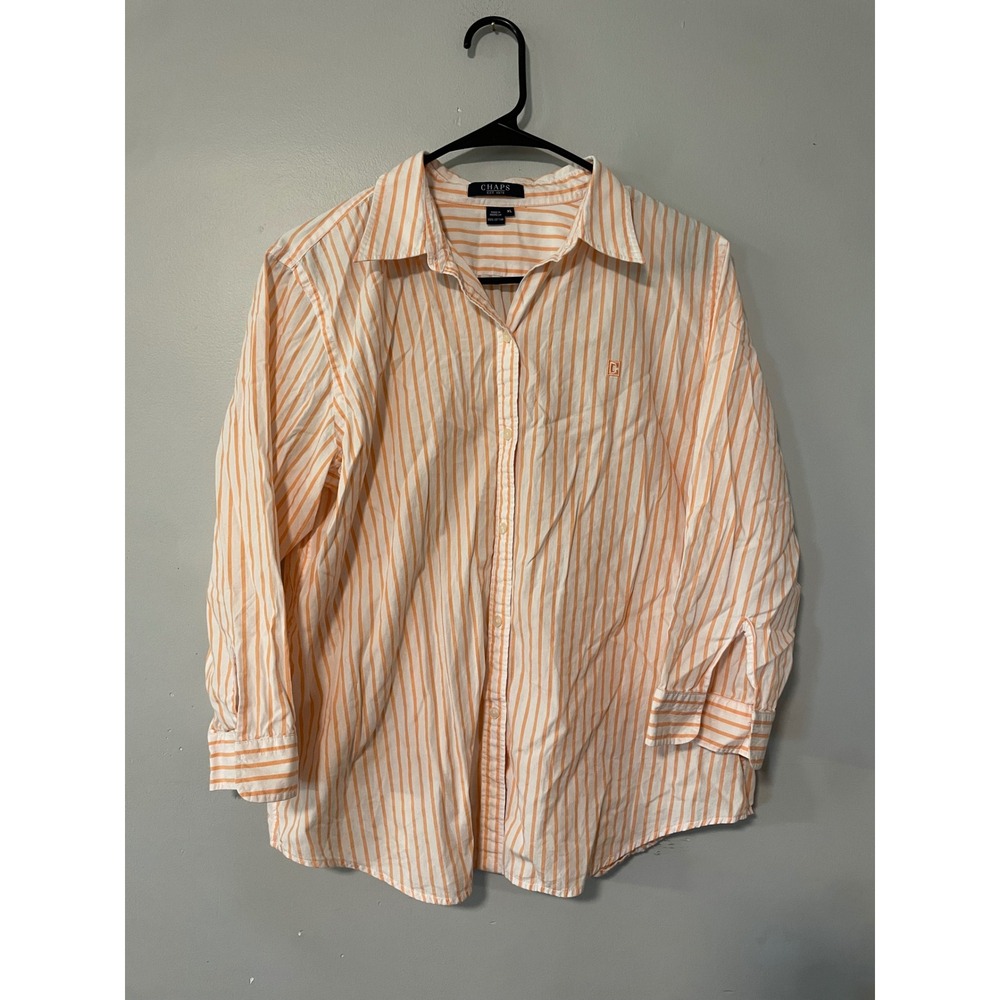 Chaps Womens XL Orange White Striped Button Down Shirt 100% Cotton Long Sleeve